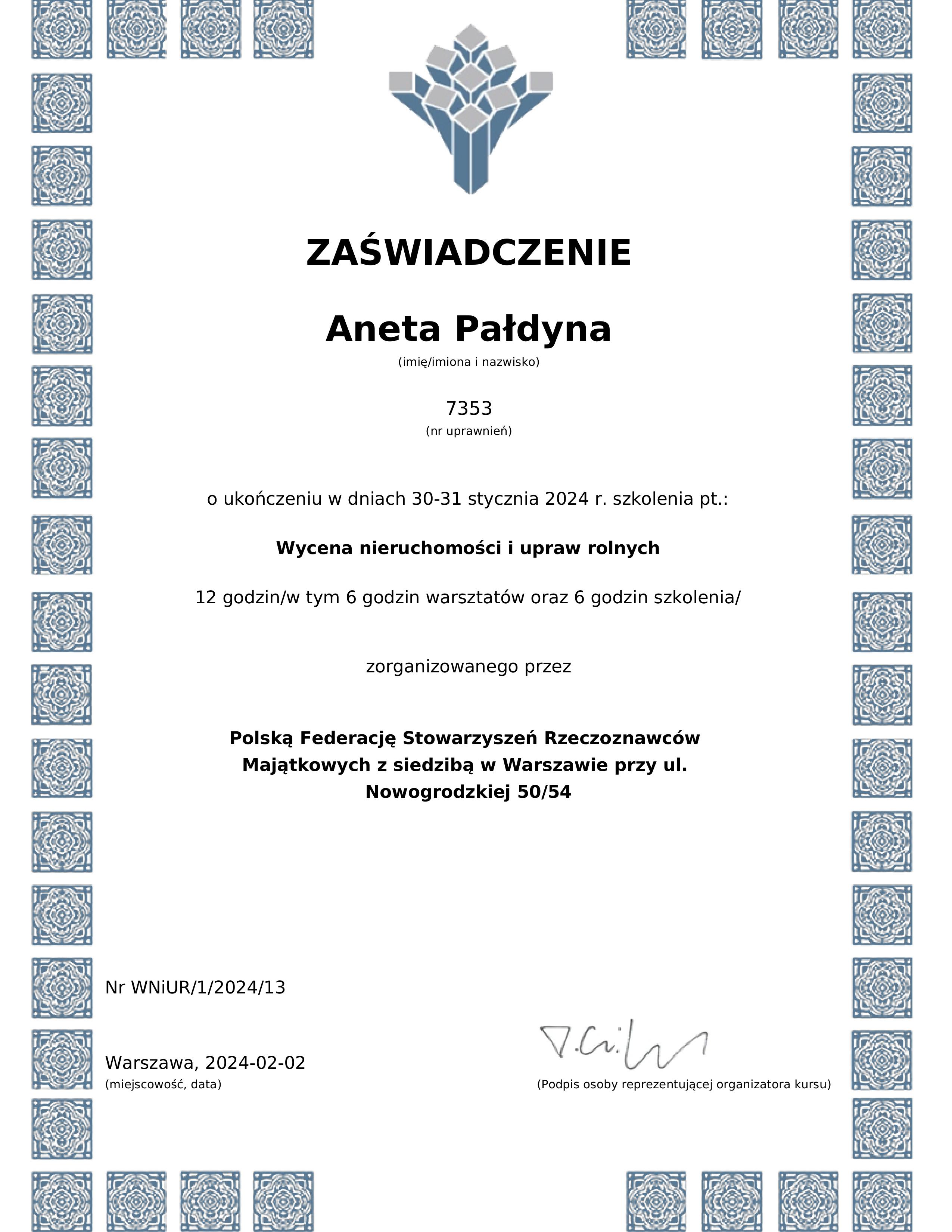 Certyfikat - Wycena innowacji i innych aktywów niematerialnych